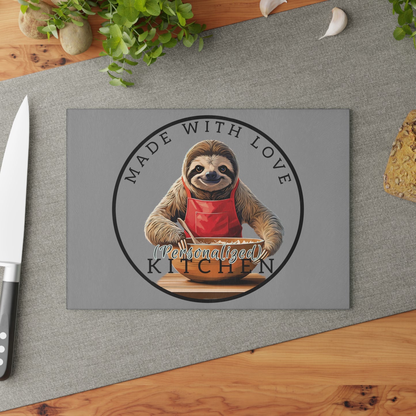 "Made with Love sloth" Glass Cutting Board