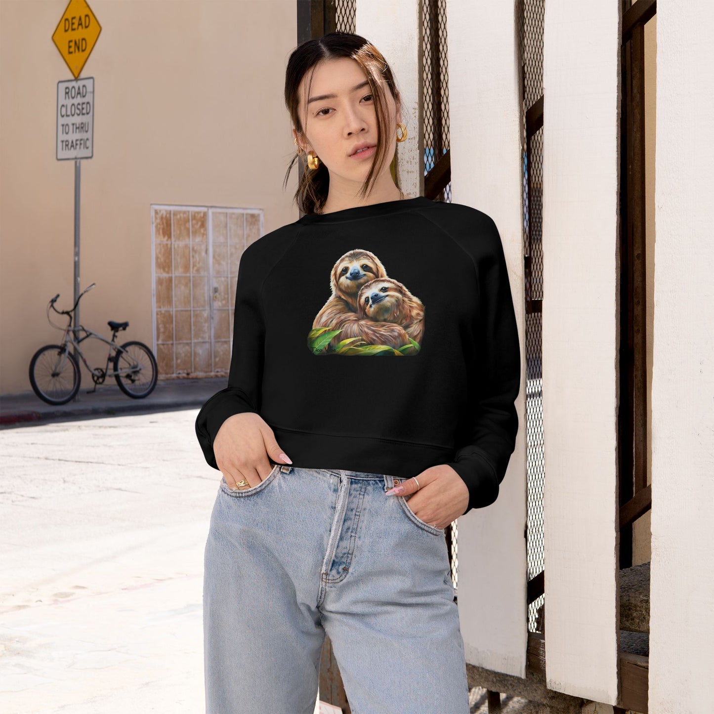 "Sloth Love: A Hug for Two" Women's Cropped Fleece Pullover