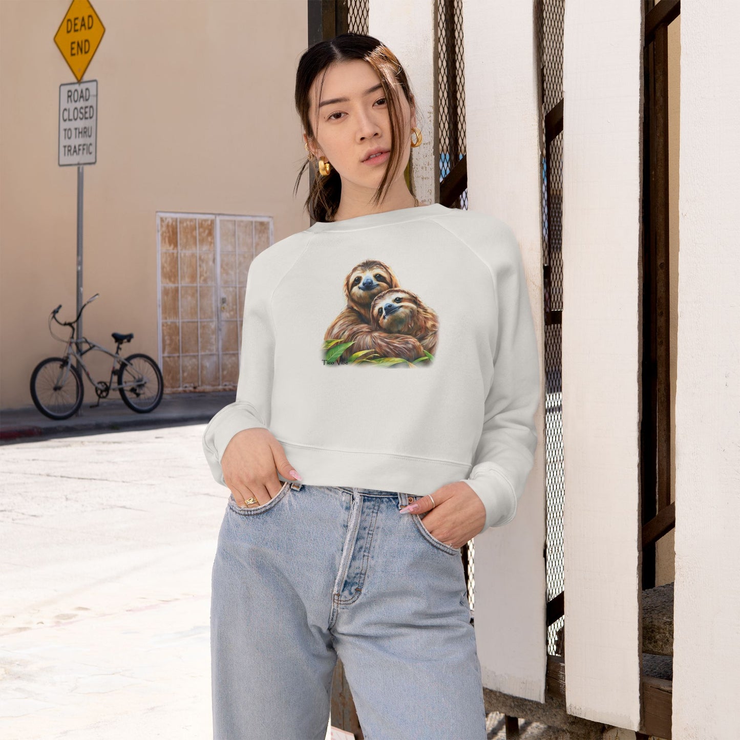 "Sloth Love: A Hug for Two" Women's Cropped Fleece Pullover